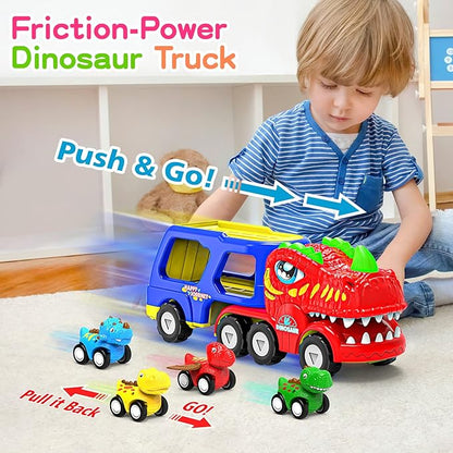 Toys for 1 2 3 4 Year Old Boys Girls, 5 in 1 Toy Trucks for Boys Age 2-3 with 4 Dinosaur Toy Cars for Toddlers 1-3
