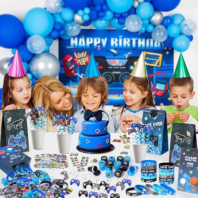 Winrayk 136Pcs Kids Video Game Party Favors Gamer Birthday Supplies, Straw VIP Pass Bag Bracelet Stamper Glow Sticker Keychain, Pinata Filler Goody Stuffer Girl Boy Game On Gaming Party Favors Decor