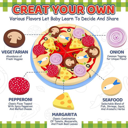 Wooden Pizza Toys for Kids, 24Pcs Cutting Toy Pizza Play Food Set, Pretend Play Kitchen Accessories Wood Cooking Toys for 3 4 5 Year Old Toddlers Boys Girls