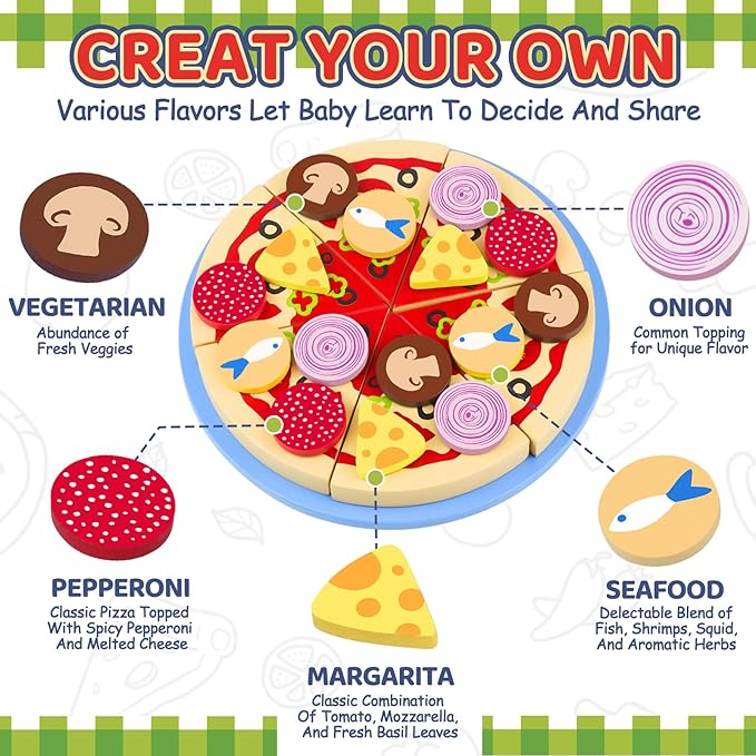 Wooden Pizza Toys for Kids, 24Pcs Cutting Toy Pizza Play Food Set, Pretend Play Kitchen Accessories Wood Cooking Toys for 3 4 5 Year Old Toddlers Boys Girls