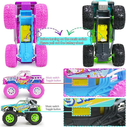 Pink Toys Car for Toddler Girl, 2 Pack 6.3 Inch Push and Go Vehicle Monster Toy Trucks for 3 4 5 6 Year Old Kids Gifts