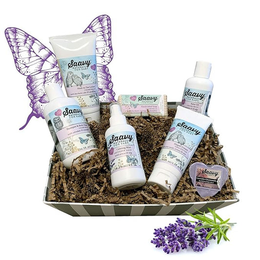 Saavy Naturals Baby Shower Gifts | Bath Set for Babies Includes 2 Soap Bars, 1 Infant Lotion 1 Shampoo 1 Baby 1 Calming 1 Unscented