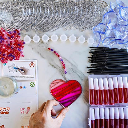 Winlyn 24 Sets Heart Suncatchers Ornaments Decorations DIY Window Paint Art Stickers Craft Kits Heart Sun Catchers for Kids Valentine's Day Classroom Activities Art Project Party Favors Gift Exchange