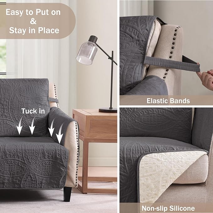 Soft Gray Loveseat Covers for 2 Cushion Couch, Water-Repellent Slip Covers for Loveseat, Machine Washable Love Seat Quilted Couch Covers, Pet Friendly Loveseat Slipcovers (Loveseat 56", Gray)