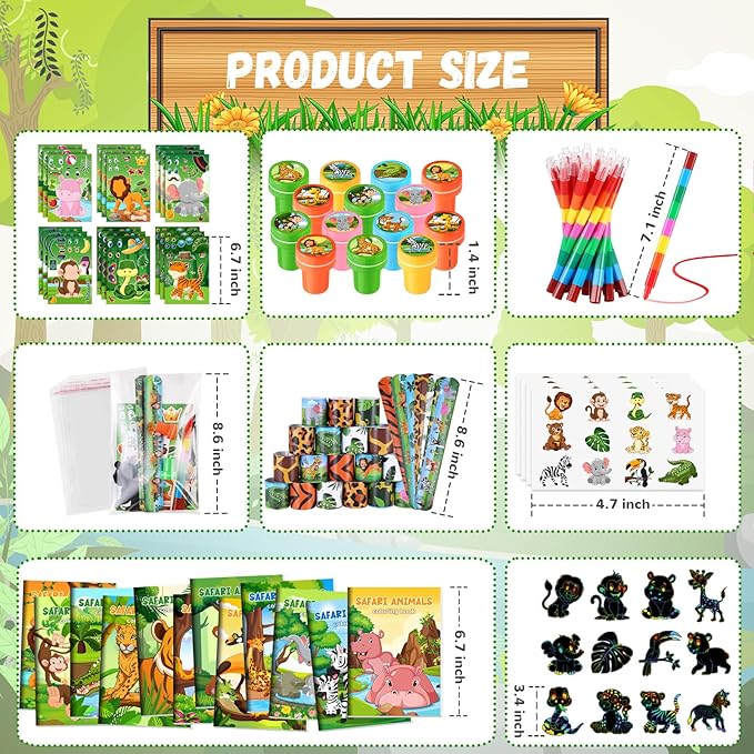 BenLouis 192Pcs Jungle Safari Party Favors Zoo Animals Coloring Books Crayons Sticker Stampers Slap Bracelets Set Bulk Classroom Prizes for Kids Wild One Party Baby Shower Goodie Bags Fillers