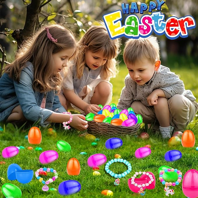 TURNMEON Easter Gifts Basket Stuffers for Girls Toddler Kids Include 12 Easter Eggs 12 Colorful Bead Bracelet and 12 Rings, Different Easter Toys Egg Filled Hunt Party Favors Classroom Prize Supplies