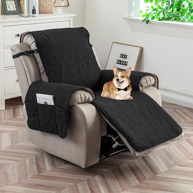 100% Waterproof Recliner Chair Cover, Recliner Chair Covers for Reclining Chair, Non-Slip Fabric Recliner Couch Cover for Living Room, for Pets Kids Protector, Washable (Black, 23"Recliner Chair)