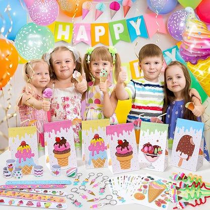 Winrayk Ice Cream Party Favors Birthday Supplies for 12 Kids, Drinking Straw Gift Bag Diy Sticker Keychain Slap Bracelet, Goody Bag Stuffers Pinata Filler Girls Two Sweet Birthday Party Supplies Decor