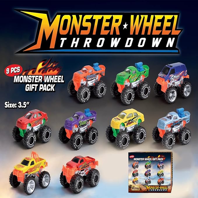 Golden Wheel Monster Trucks 1:64 Scale Die-Cast: 9 Pack Toy 3+ Years