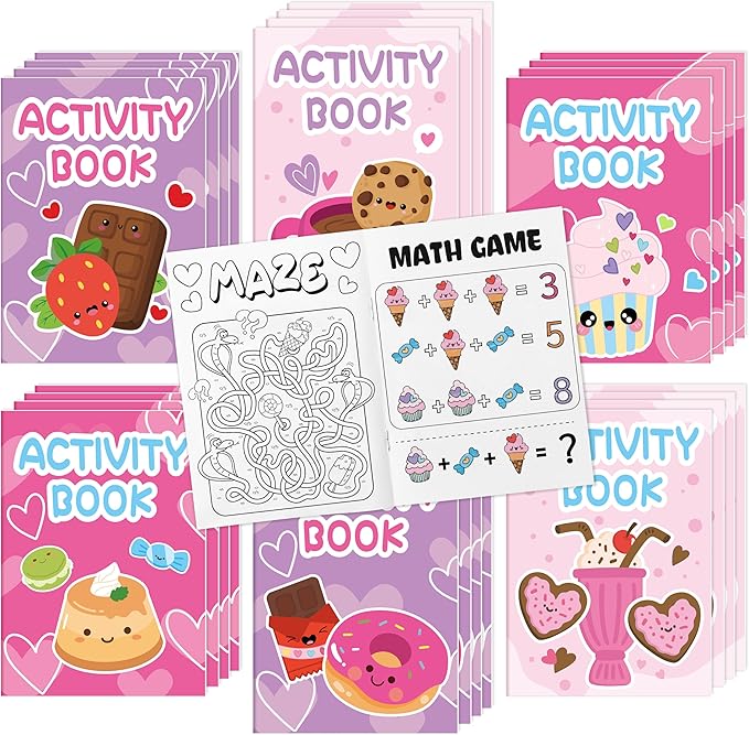 Valentine’s Day Activity Books for Kids - 24Pcs Desserts Theme Mini Games Coloring Book Set Bulk Mazes Word Search Word Scramble Games for Valentines Party Goodie Bags Stuffers School Classroom Favors
