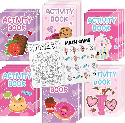 Valentine’s Day Activity Books for Kids - 24Pcs Desserts Theme Mini Games Coloring Book Set Bulk Mazes Word Search Word Scramble Games for Valentines Party Goodie Bags Stuffers School Classroom Favors