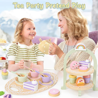 Wooden Tea Party Set for Little Girls Toddler Tea Set with Cupcake Stand & Food Dessert, Play Kitchen Accessories for Toddlers 2 3 4 5 6 Years Old, Wooden Toys Birthday Kids Girls Gifts 3-6