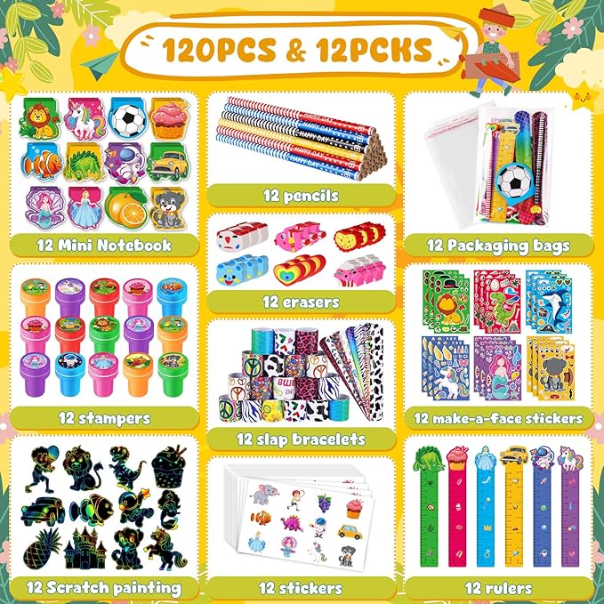 BenLouis 120Pcs Kids' Party Favors Sets Stampers Pencils Stickers School Stationery Bulk for Kids 4-8-12 Classroom Birthday Candy Goodie Bags Pinata Stuffers Rewards Gifts Supplies