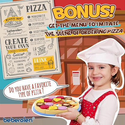 Wooden Pizza Toys for Kids, 24Pcs Cutting Toy Pizza Play Food Set, Pretend Play Kitchen Accessories Wood Cooking Toys for 3 4 5 Year Old Toddlers Boys Girls