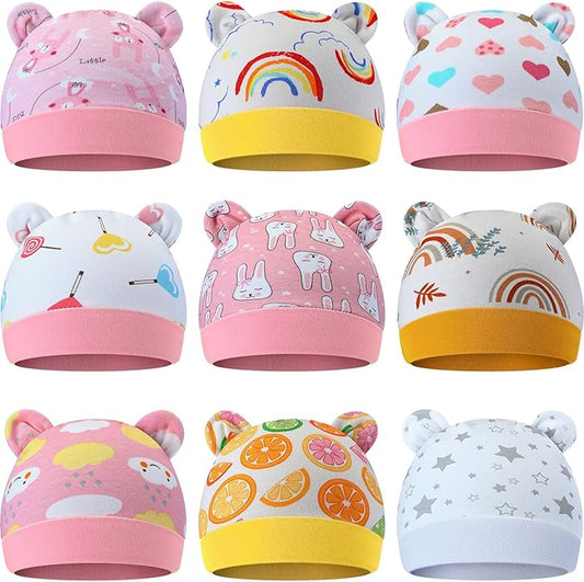 Geyoga 9 Pieces Newborn Baby Hat Bear Ears Infant Caps 2 Ears