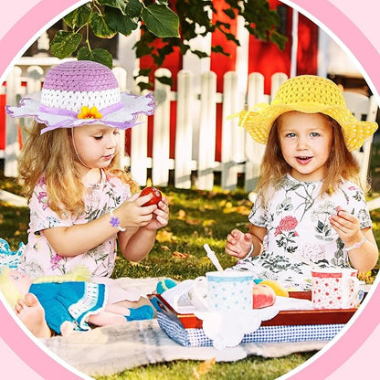 Zhanmai 4 Pcs Christmas Girl Tea Party Hats Straw Hat for Girls Sun Dress up Hats for Kids Toddlers with 4 Pcs Pearl Bracelets for Children Costume Birthday Party Supplies Christmas Beach Travel Gifts