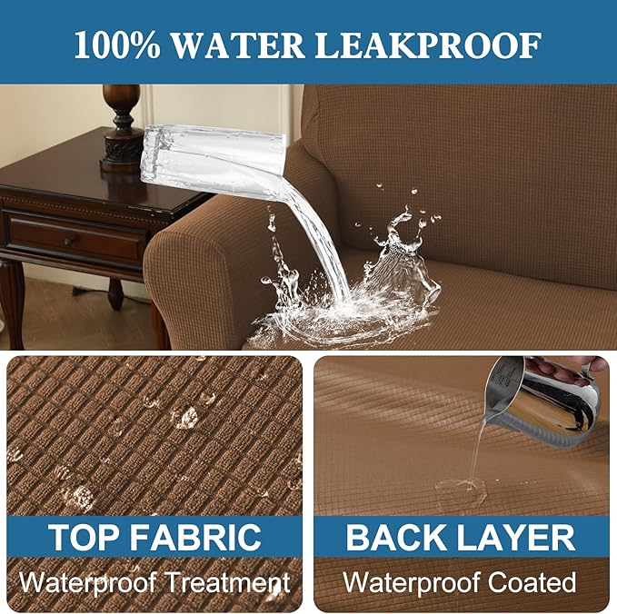 100% Waterproof Jacquard Fabric Couch Cover, Dual Layer with TPU Film, Leakproof High Elasticity Non-Slip Washable Furniture Protector for Pets, Dogs, Cats and Kids (Chair,Light Coffee)
