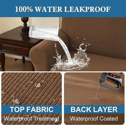 100% Waterproof Jacquard Fabric Couch Cover, Dual Layer with TPU Film, Leakproof High Elasticity Non-Slip Washable Furniture Protector for Pets, Dogs, Cats and Kids (Chair,Light Coffee)