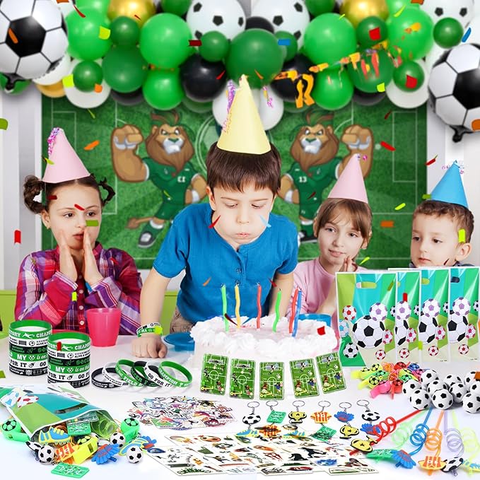 Winrayk 146Pcs Soccer Party Favors Birthday Supplies for Kids, Straw Bouncy Ball Puzzle Toy Bracelet Gift Bag Whistle Sticker Keychain, Goody Stuffer Girls Boys Sports Soccer Themed Party Favors Decor