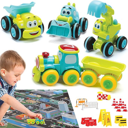 Toys for 3 Year Old Boy - 4 Friction Powered Trucks for 3+ Year Old Boys, Playmat & 16 Accessories
