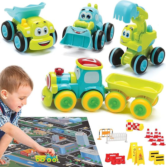 Toys for 3 Year Old Boy - 4 Friction Powered Trucks for 3+ Year Old Boys, Playmat & 16 Accessories