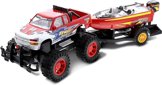 Mozlly Monster Truck Toys Set with Trailer Toy Boat - Friction Powered Hauling Truck and Trailer Toy, Big Toy Monster Truck with Boat 9 Inch