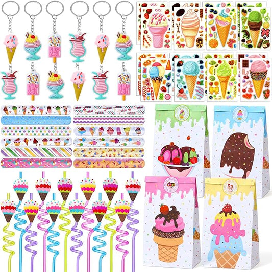 Winrayk Ice Cream Party Favors Birthday Supplies for 12 Kids, Drinking Straw Gift Bag Diy Sticker Keychain Slap Bracelet, Goody Bag Stuffers Pinata Filler Girls Two Sweet Birthday Party Supplies Decor