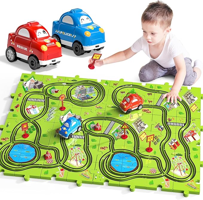 TEMI 48 PCS New Plastic Puzzles, car Tracks playset for Kids Ages 3-5 with 3 Cute Vehicle 4 5 6 Year