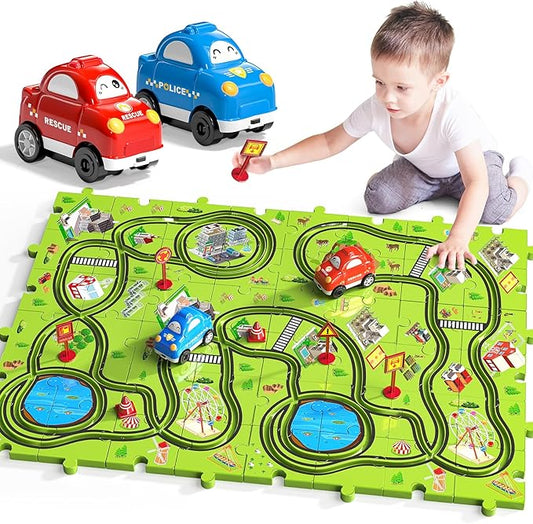 TEMI 48 PCS New Plastic Puzzles, car Tracks playset for Kids Ages 3-5 with 3 Cute Vehicle 4 5 6 Year