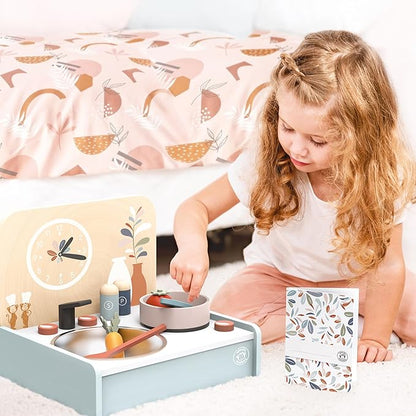SPEEDY MONKEY Table-Set Kitchen with 8 Accessories, Portable Wooden Kitchen Toy with Stovetop, Spatula, Pan & More, Encourages Creative Play, Ideal for Kids to Cook, Serve and Clean Up