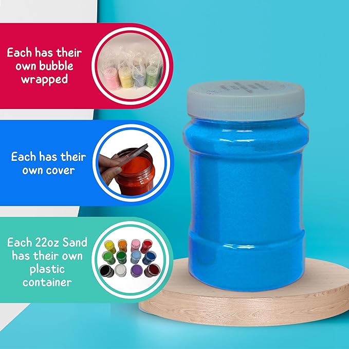 4E's Novelty 16.5 Pound Colored Sand for Sand Art - 12 Colors 22 oz Each, with Storage Container Non-Toxic Craft Sand with Bottles for Kids Sandbox Play, Decorative Colored for Wedding