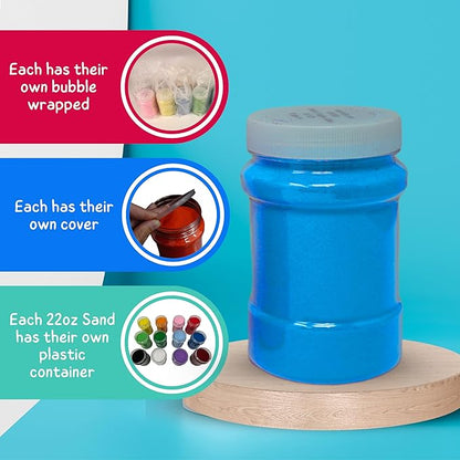 4E's Novelty 16.5 Pound Colored Sand for Sand Art - 12 Colors 22 oz Each, with Storage Container Non-Toxic Craft Sand with Bottles for Kids Sandbox Play, Decorative Colored for Wedding