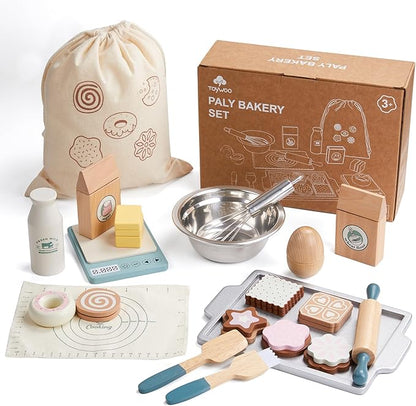 Wooden Play Food Sets for Kids, Pretend Play Kitchen Accessories with Shopping Bag, Cutting Toys, Gift for Boys and Girls Ages 3-6