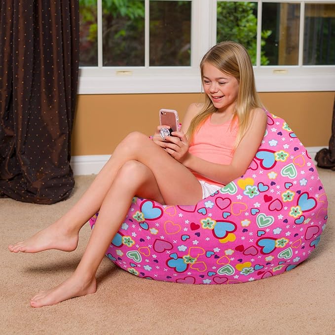 Posh Creations Bean Bag Chair for Kids, Teens, and Adults Includes Removable and Machine Washable Cover, Canvas Multi-Colored Hearts on Pink, 38in - Large