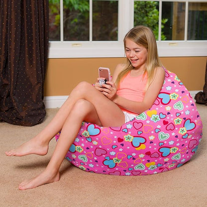 Posh Creations Bean Bag Chair for Kids, Teens, and Adults Includes Removable and Machine Washable Cover, Canvas Multi-Colored Hearts on Pink, 38in - Large