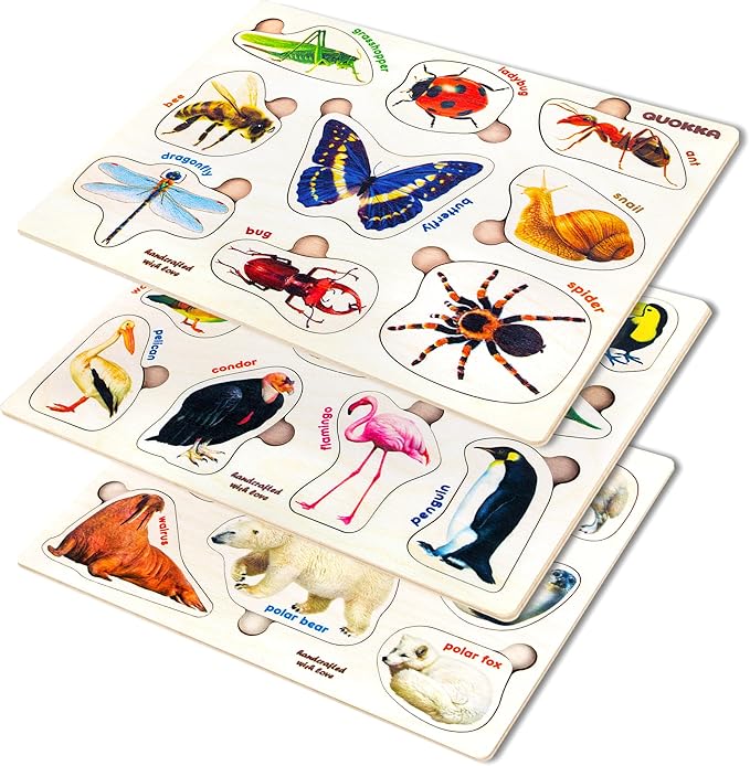 QUOKKA Wooden Puzzles for Toddlers – 3xSET Toddler Puzzles AES – Montessori Insects Toy Puzzles for Toddlers – Wood Toy Learning Realistic Insects, Arctic Animals, Birds for Boy and Girl