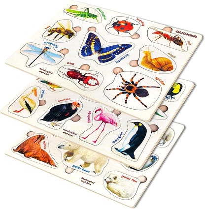 QUOKKA Wooden Puzzles for Toddlers – 3xSET Toddler Puzzles AES – Montessori Insects Toy Puzzles for Toddlers – Wood Toy Learning Realistic Insects, Arctic Animals, Birds for Boy and Girl