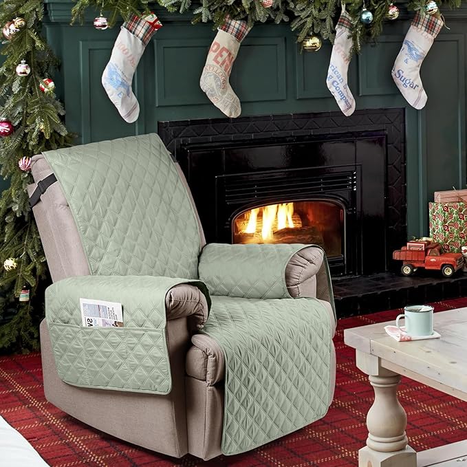 Ruaozz 100% Waterproof Recliner Chair Cover Non-Slip Oversized Reclining Cover for Large Recliner Chair Washable Chair Seat Cover with Elastic Straps for Kids, Dogs, Pets (Sage Green, 28'')