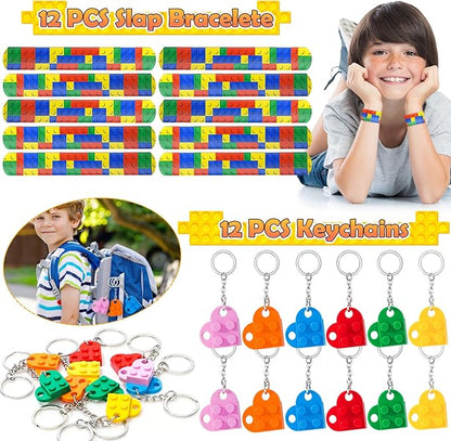 Building Blocks Party Favors Birthday Supplies for Kids, Gift Box Straw Mini Bubble Wand Button Pin Slap Bracelet Keychain, Goody Bag Stuffer Filler Girls Boys Game Carnival Classroom Prize Decor