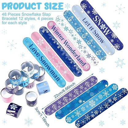 48 Pieces Snowflake Slap Bracelet Winter Theme Snowman Snap Bracelet Kids Party Favors Classroom Prizes Kids Bracelet Slap Bracelets Wristbands for Kids Children Winter Party, 12 Styles (Snowflake)