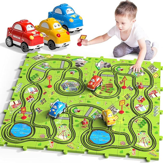 TEMI 64 PCS New Plastic Puzzles, car Tracks playset for Kids Ages 3-5 with 3 Cute Vehicle 4 5 6 Year