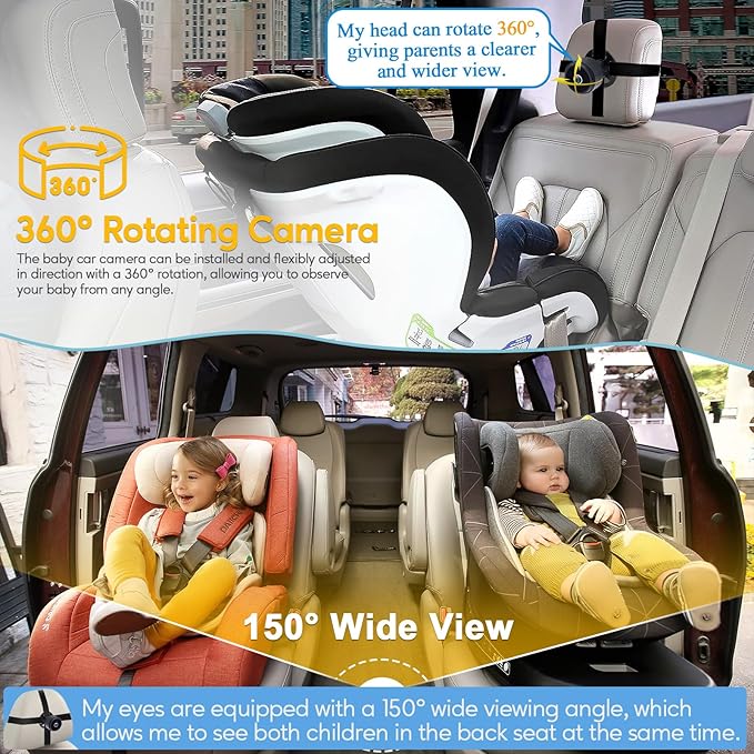 Baby Car Camera for Backseat 1080P - Plug and Play, HD Crystal Night Vision, Easy to Install, 360° Rotation, Wide View Angle, Protect Baby's Eye - Rear Facing Carseat Camera for Newborn, Infant, Kids