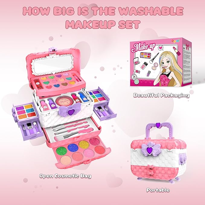 54 Pcs Kids Makeup Kit for Girls, Princess Real Washable Pretend Play Cosmetic Set Toys with Mirror, Non-Toxic & Safe, Birthday Gifts for 3 4 5 6 7 8 9 10+Years Old Girls Kids (Pink White)