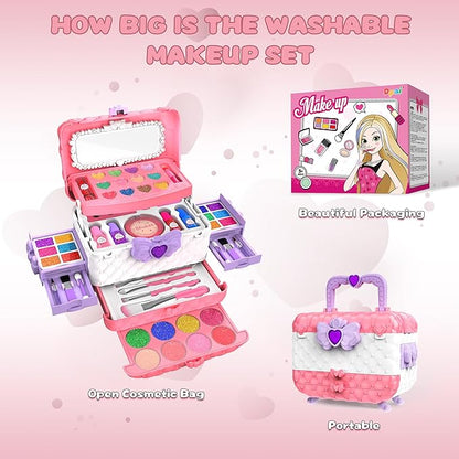 54 Pcs Kids Makeup Kit for Girls, Princess Real Washable Pretend Play Cosmetic Set Toys with Mirror, Non-Toxic & Safe, Birthday Gifts for 3 4 5 6 7 8 9 10+Years Old Girls Kids (Pink White)