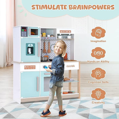 Wooden Play Kitchen for Kids Toddlers, Kitchen Playset with Stove, Oven, Sink, Fridge and Accessories Toy Kitchen Set with Plenty of Play Features, Kids Play Kitchen Designed, Gift for Ages 3+