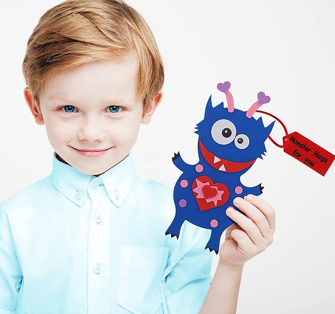 4E's Novelty Valentines Monster Craft Ornament (12 Pack) Foam Valentines Day Crafts for Kids Classroom DIY Card Activity Bulk - Individually Wrapped