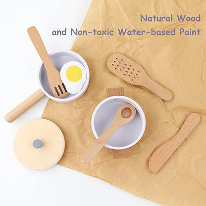 Wooden Toy Pots and Pans Cookware Playset for Kids Kitchen,Toddler Cooking Set,Pretend Play Kitchen Accessories for Toddlers Boys Girls Ages 3+