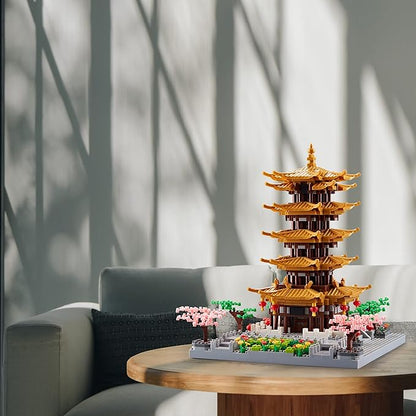 Chinese Ancient Famous Architecture Micro Building Blocks Set for Adults Yellow Crane Tower with Sakura Tree Cherry Plants, Toys for Kids Age of 14+ 2200 pcs