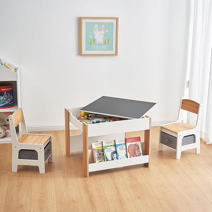 Asweets Kids Table and Chair Set, 4 in 1 Toddler Desk with Storage Drawer,Wooden Activity Table for 2 in 1 Detachable Tabletop,Bookshelf,Suitable for Classroom,Home,Nursery,Playroom (Natural White)