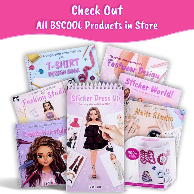 BSCOOL Fashion Studio Drawing, Coloring & Little Designer Creativity Book for Kids 4 and Up with Stickers, Stencils, Textures - Creative Fashion Design Sketchbook for Girls